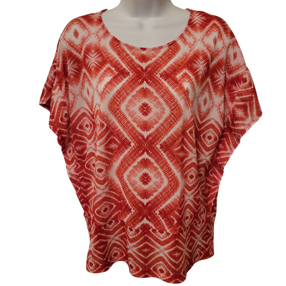 Chicos 1 Blouse Red White Geometric Diamond Dolman Sleeve Tunic Top 8 M Summer